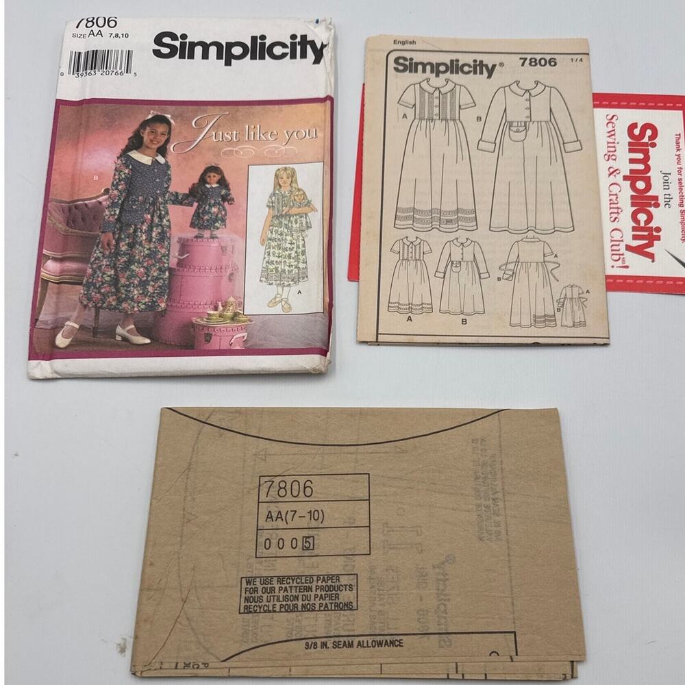 Simplicity Just Like You Pattern 7806 7878 Matching 18" Doll Child Dress 7 8 10